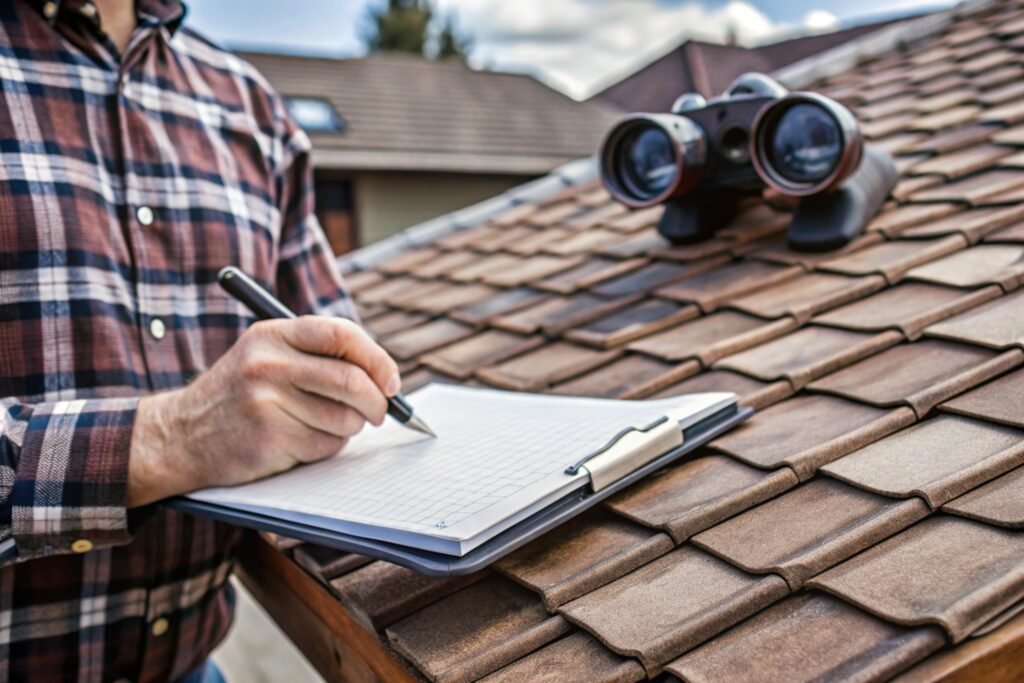 Top Roof Problems Found During Home Inspections in Dallas (And How to Avoid Them) - Vanhook Roofing and Exteriors home inspector checking roof loose shingles with binoculars | Vanhook Roofing and Exteriors