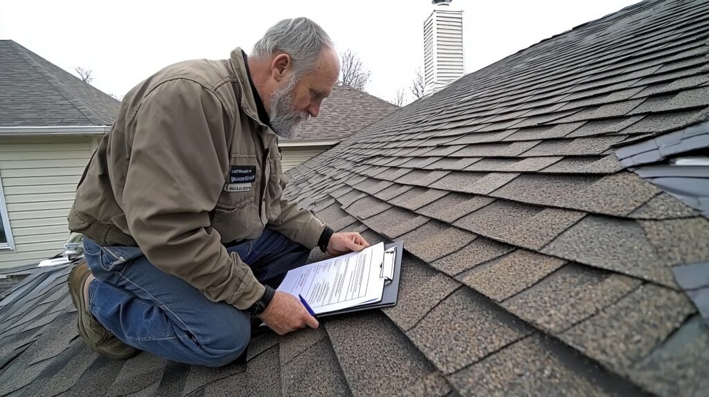 What Happens If You Skip a Roof Inspection Before Buying a Home in Dallas, TX - Vanhook Roofing and Exteriors home inspector examining roof house with clipboard | Vanhook Roofing and Exteriors